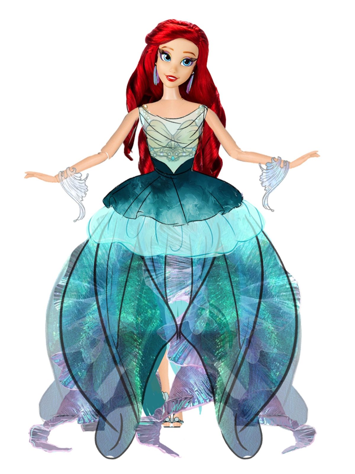 Front-view costume art for Ariel’s blue-green dress