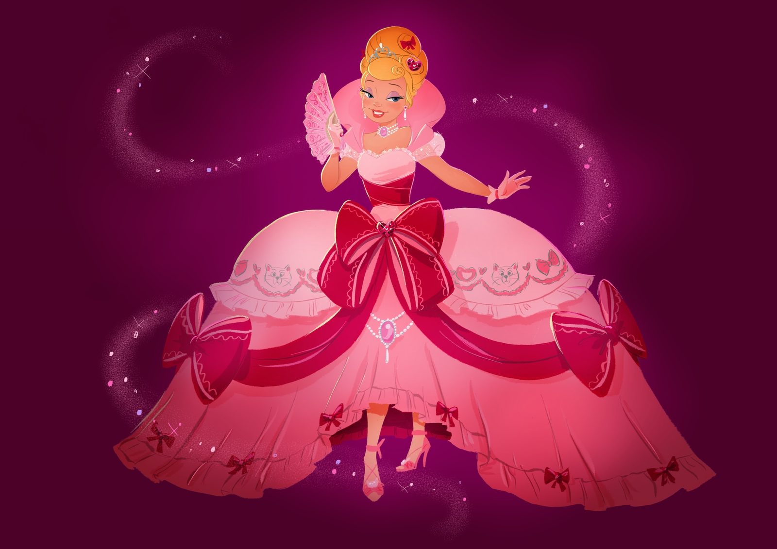 Color concept art for Lottie in a pink ballroom dress