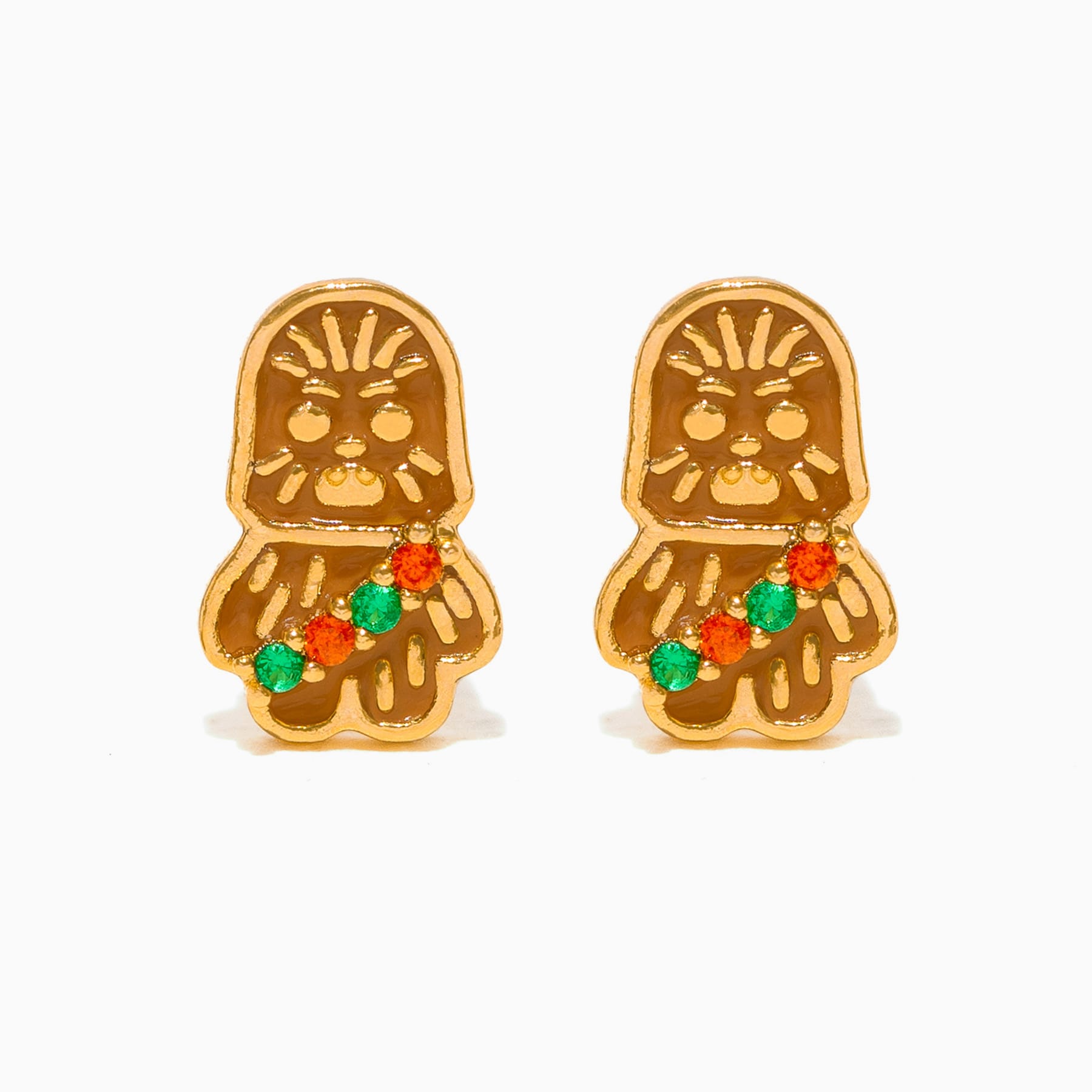 Gold Chewbacca gingerbread stud earrings with red and green gumdrop details