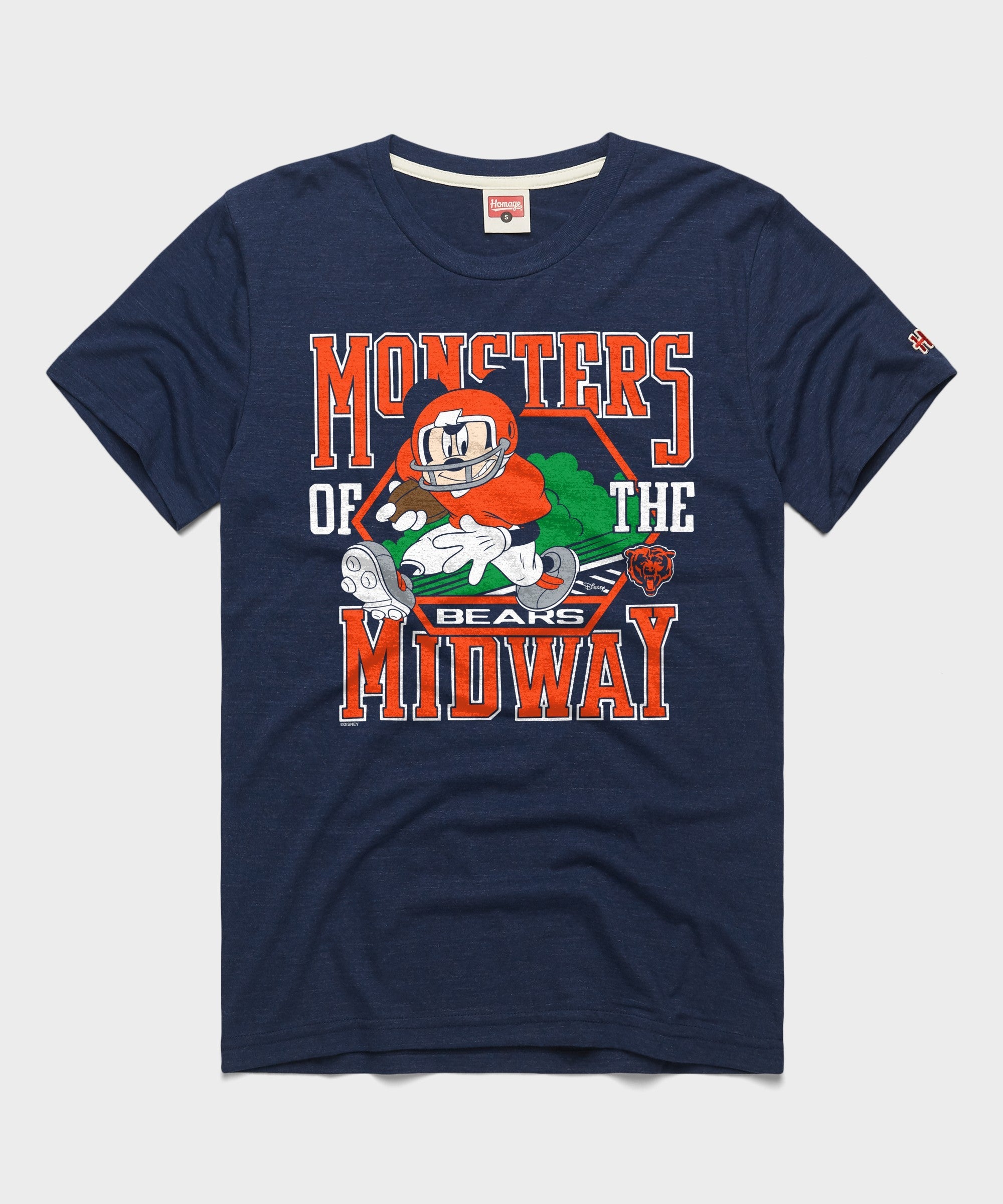 Navy Chicago Bears T-shirt with Mickey Mouse carrying a football above the team wordmark