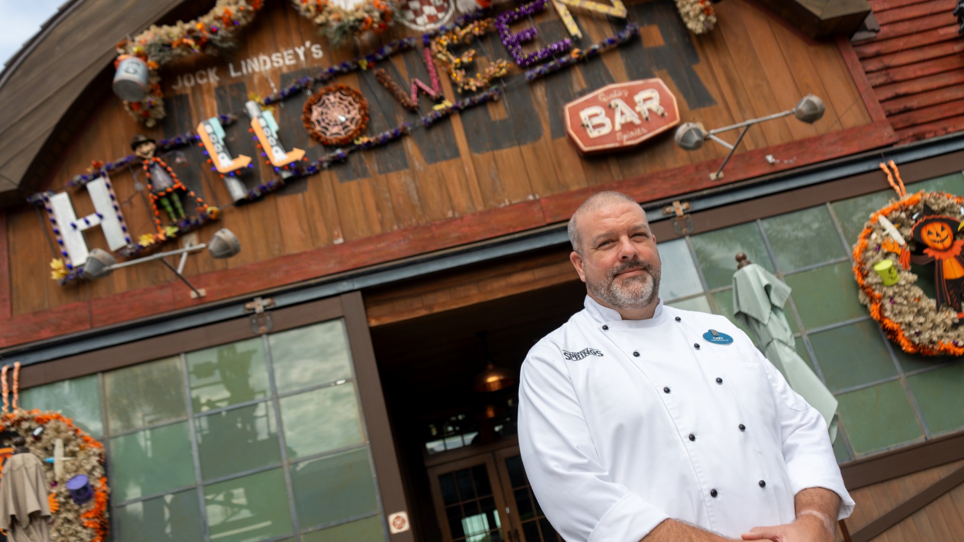 Chef Gary Miles outside Jock Lindsey’s Hangar Bar during its Halloween season