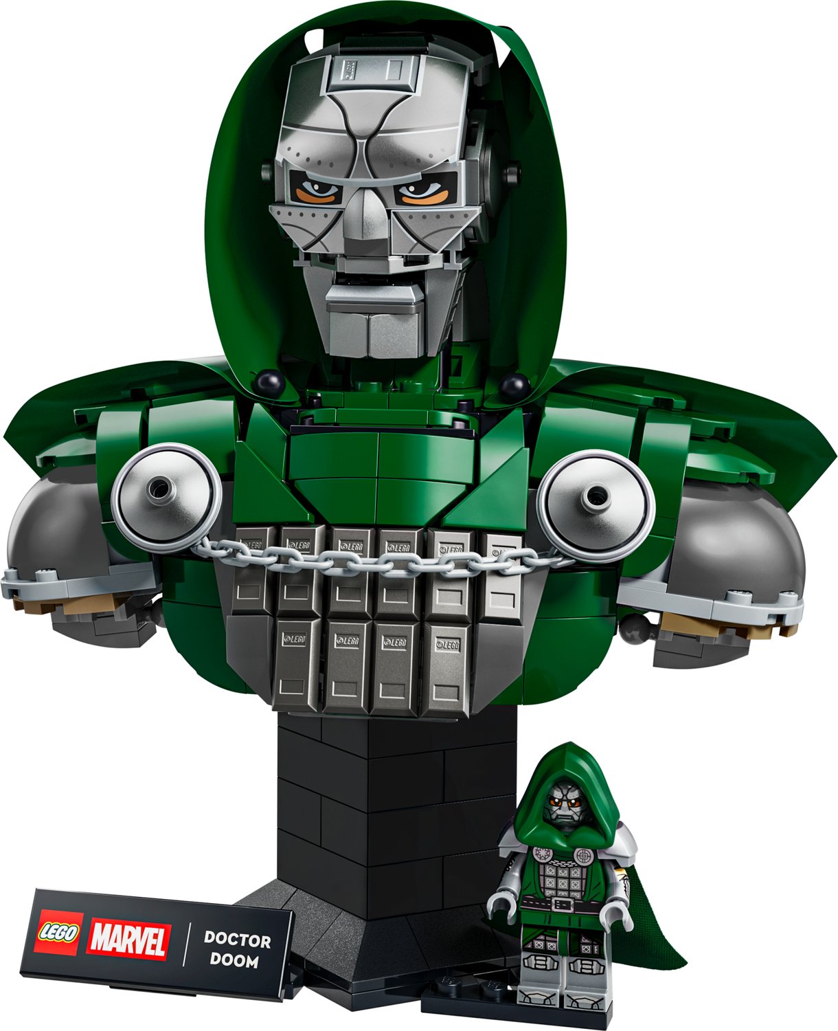 LEGO Doctor Doom Bust with display pedestal, nameplate and Doctor Doom minifigure
