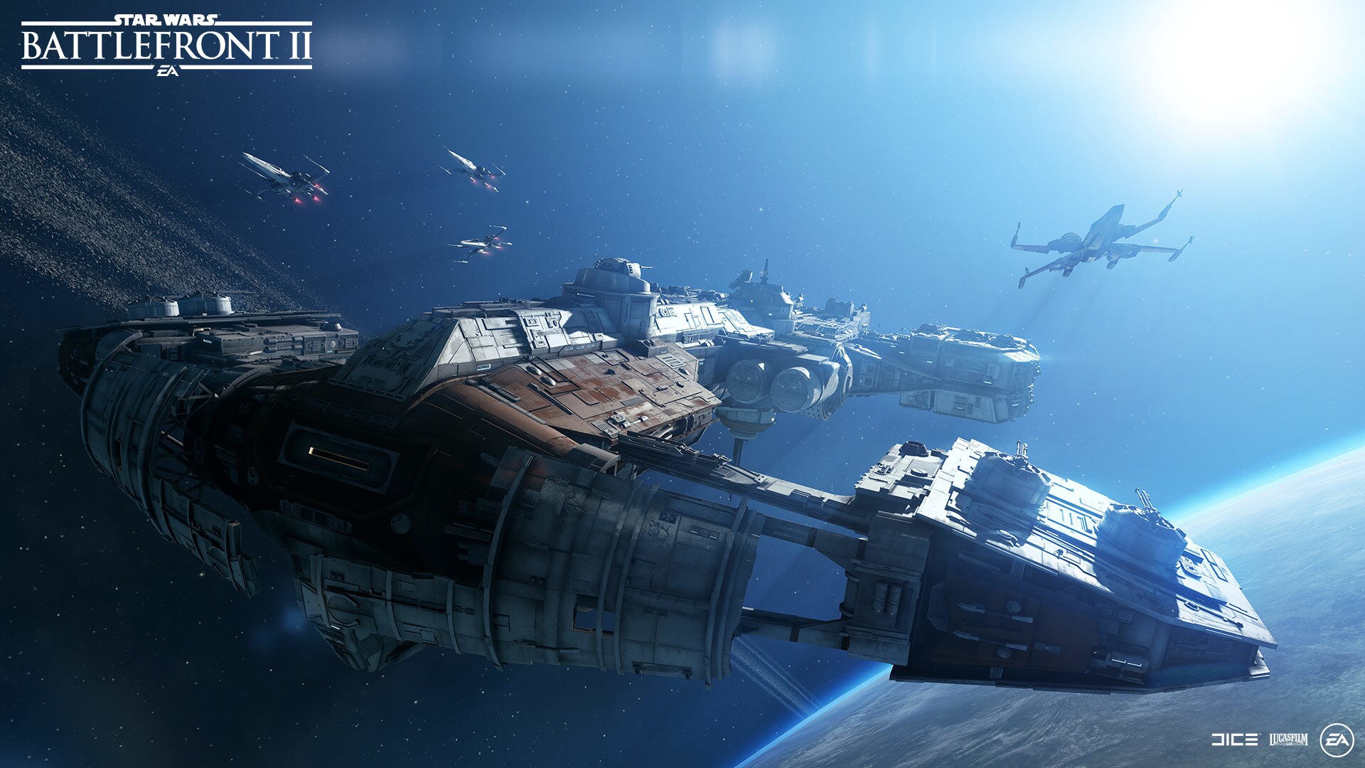 Starfighters fly beside a capital ship in an official Star Wars Battlefront II screenshot