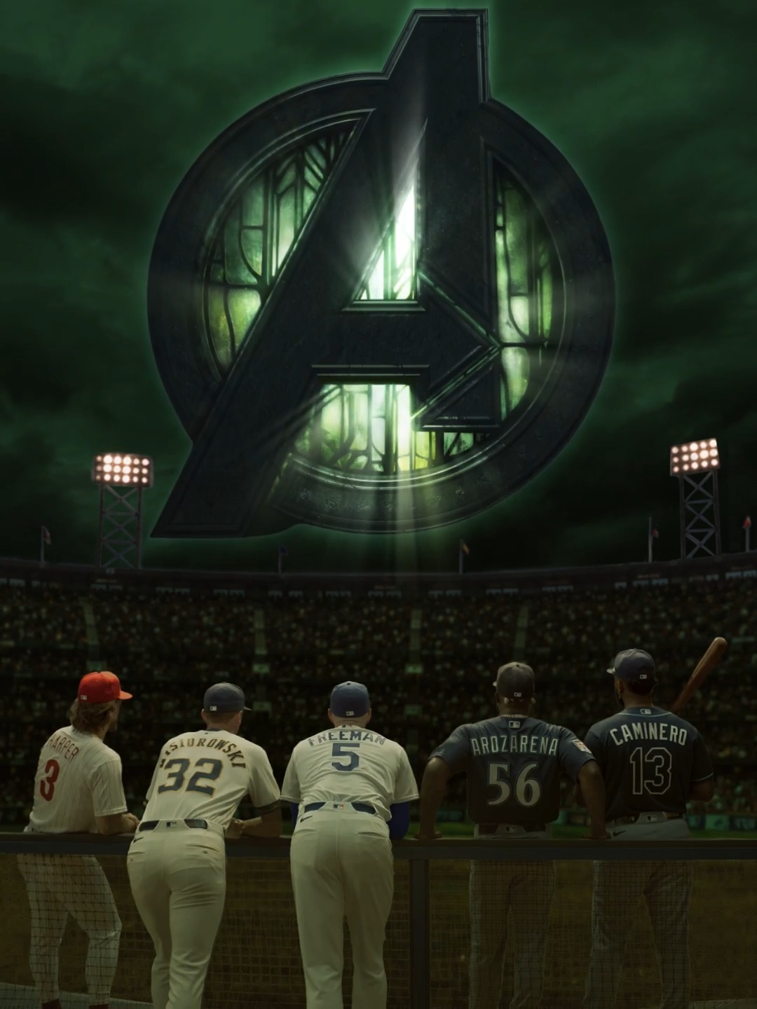 Baseball players watch a green Avengers emblem rise above a ballpark