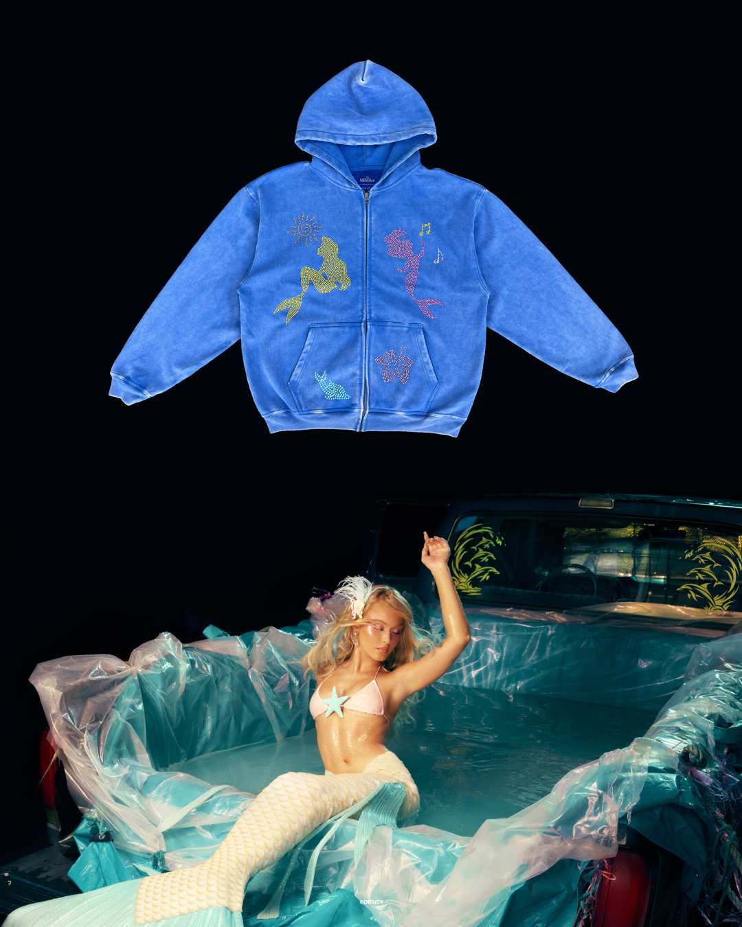 Blue Little Mermaid hoodie above Zara Larsson in the collection campaign