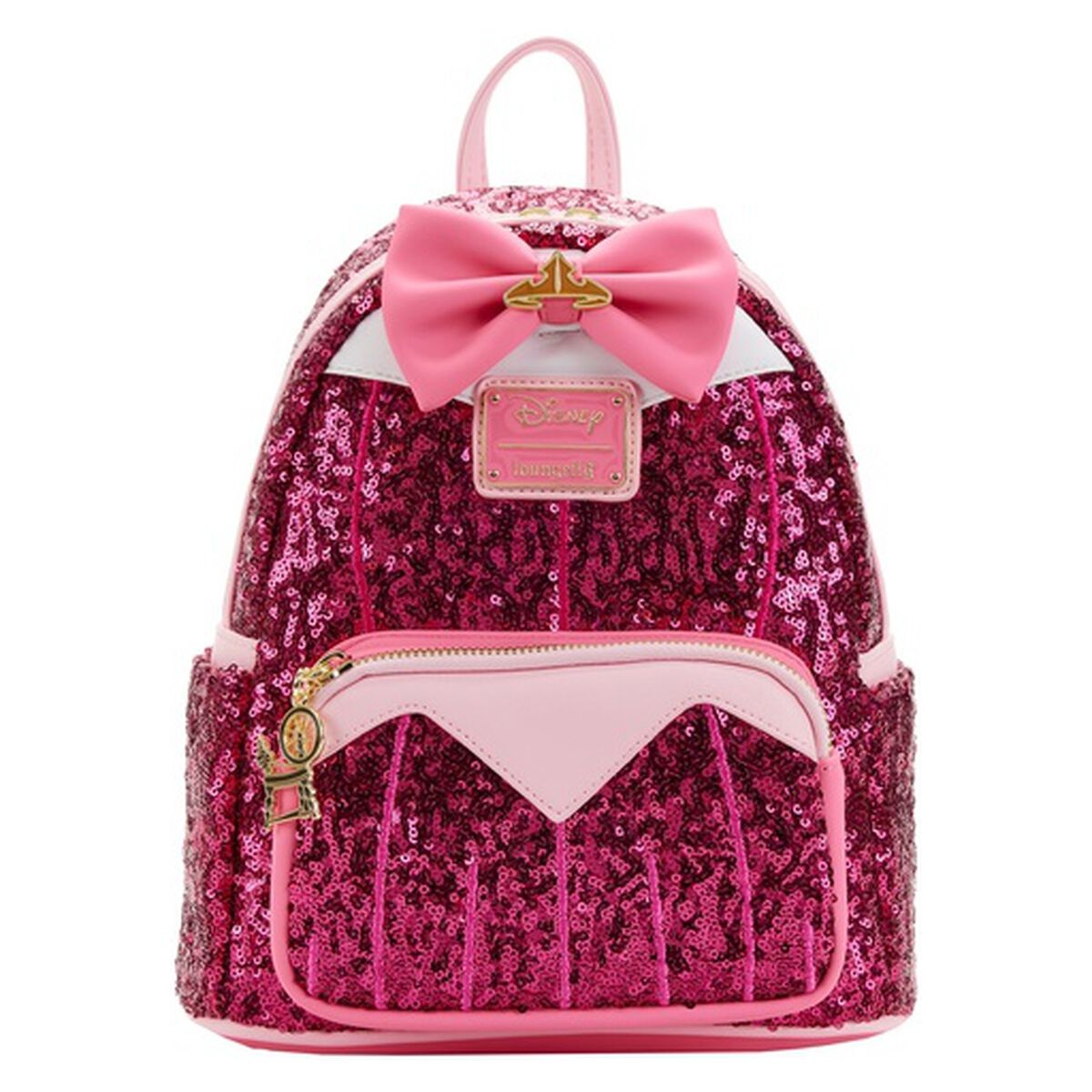 Aurora sequin Loungefly mini backpack in shades of pink with a bow and gold tiara detail