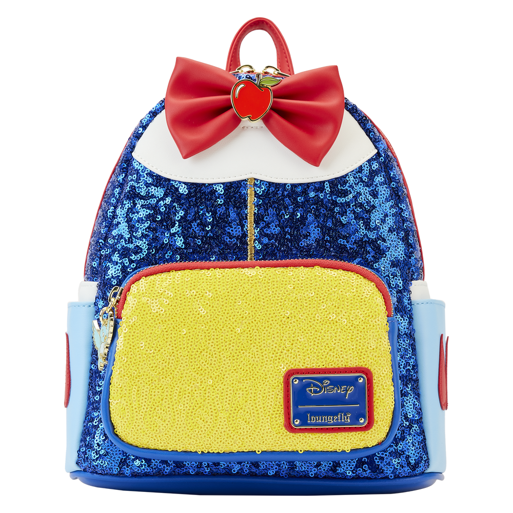 Snow White sequin Loungefly mini backpack with a red bow, apple charm and blue-and-yellow panels