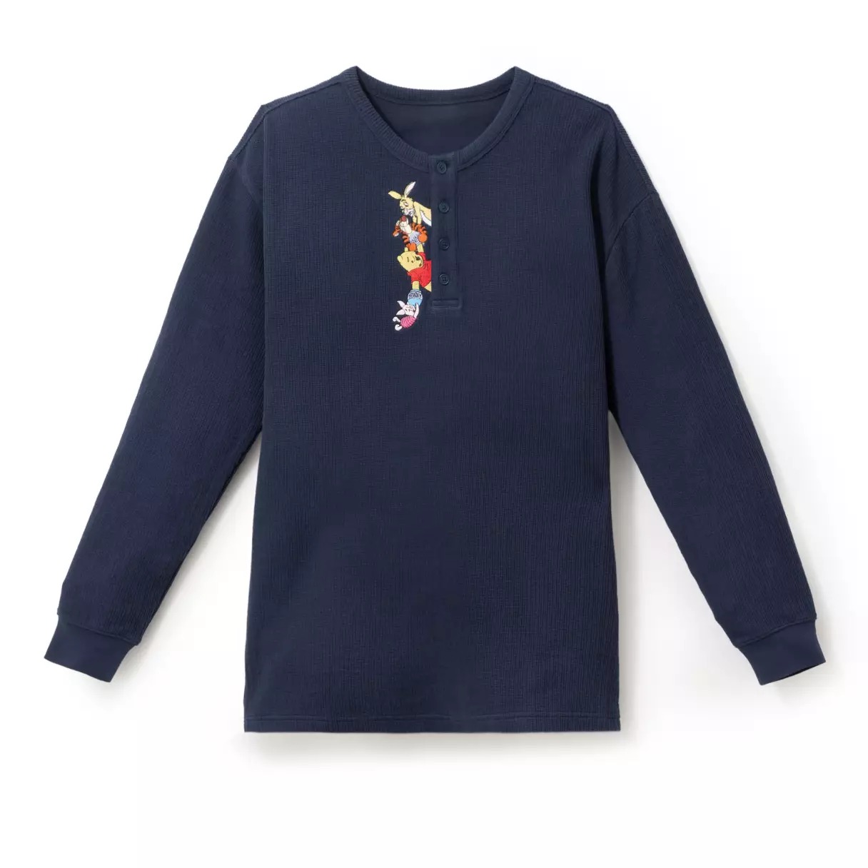 Front view of the navy Pooh and Pals embroidered henley shirt