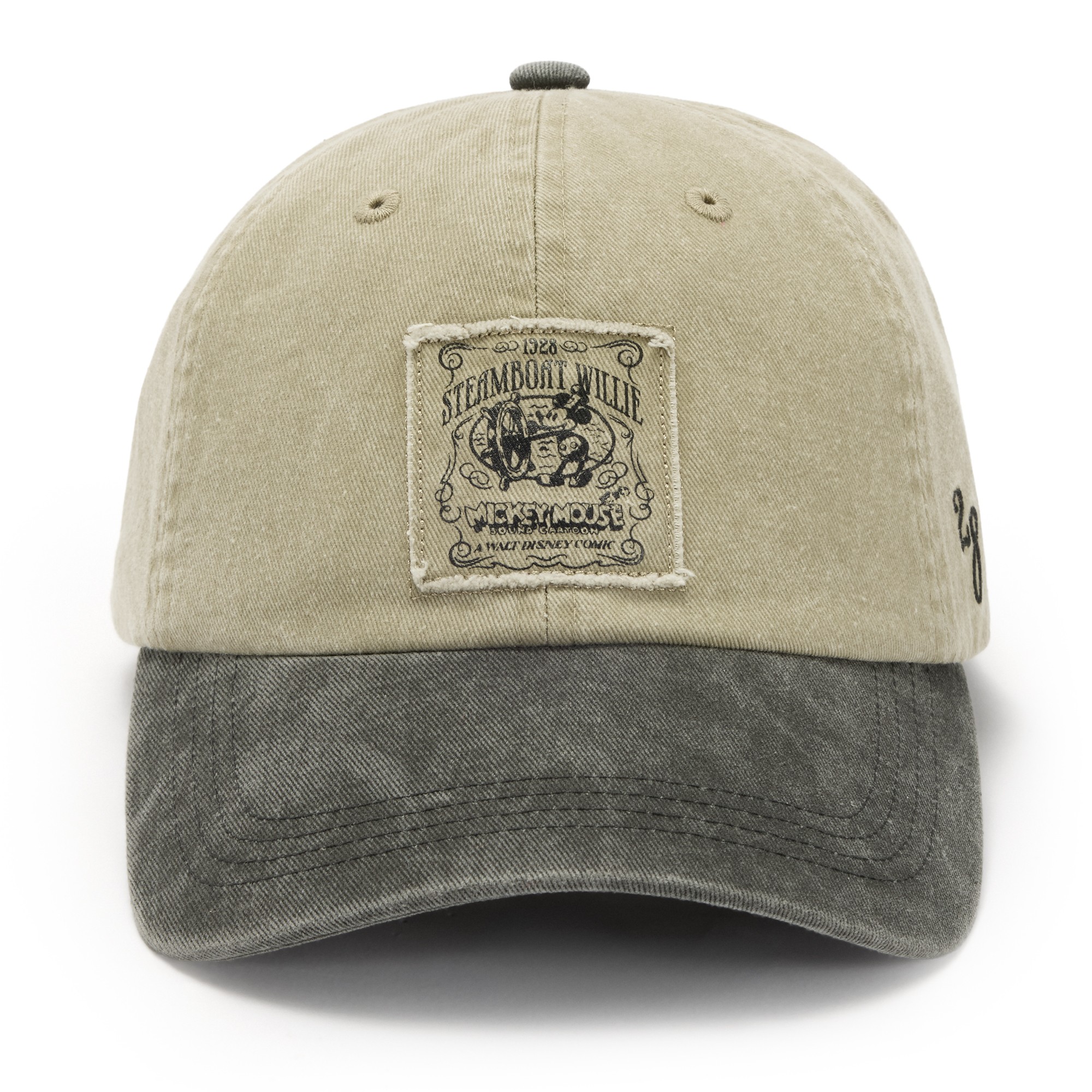 Gray Steamboat Willie baseball cap with a distressed poster patch and black bill