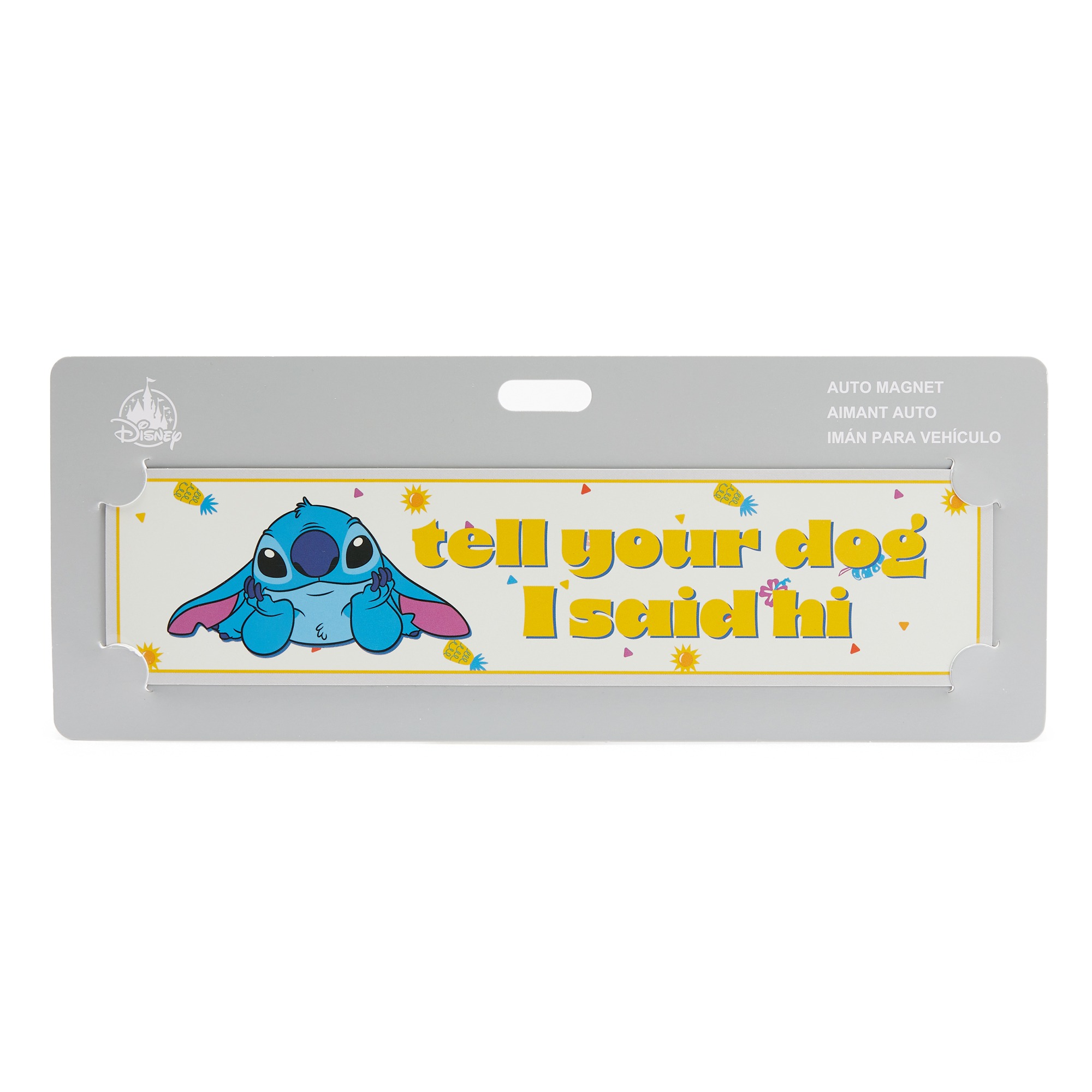 Blue Stitch car magnet reading Tell your dog I said hi