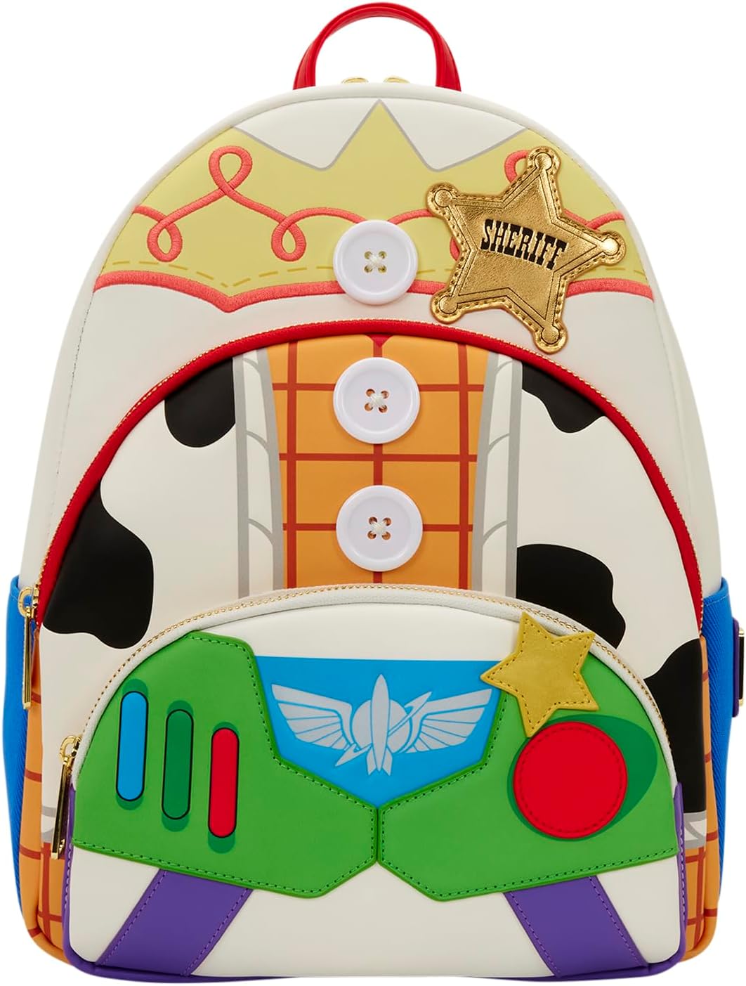 Toy Story 5 Loungefly triple-pocket backpack featuring Woody, Jessie and Buzz Lightyear