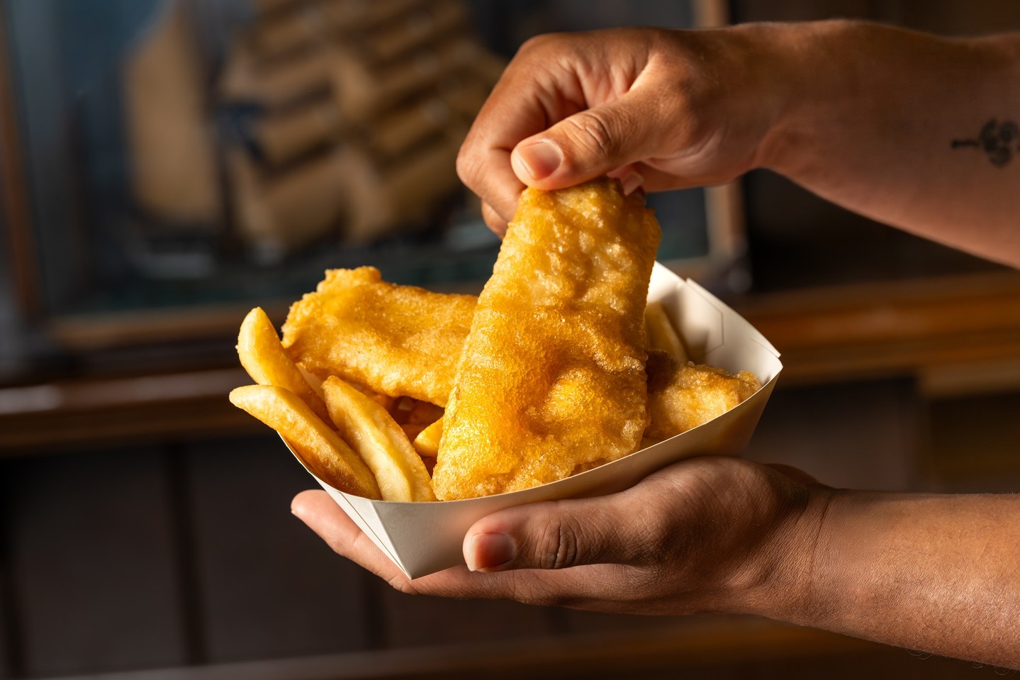 Beer-battered fish platter with fries at Columbia Harbour House
