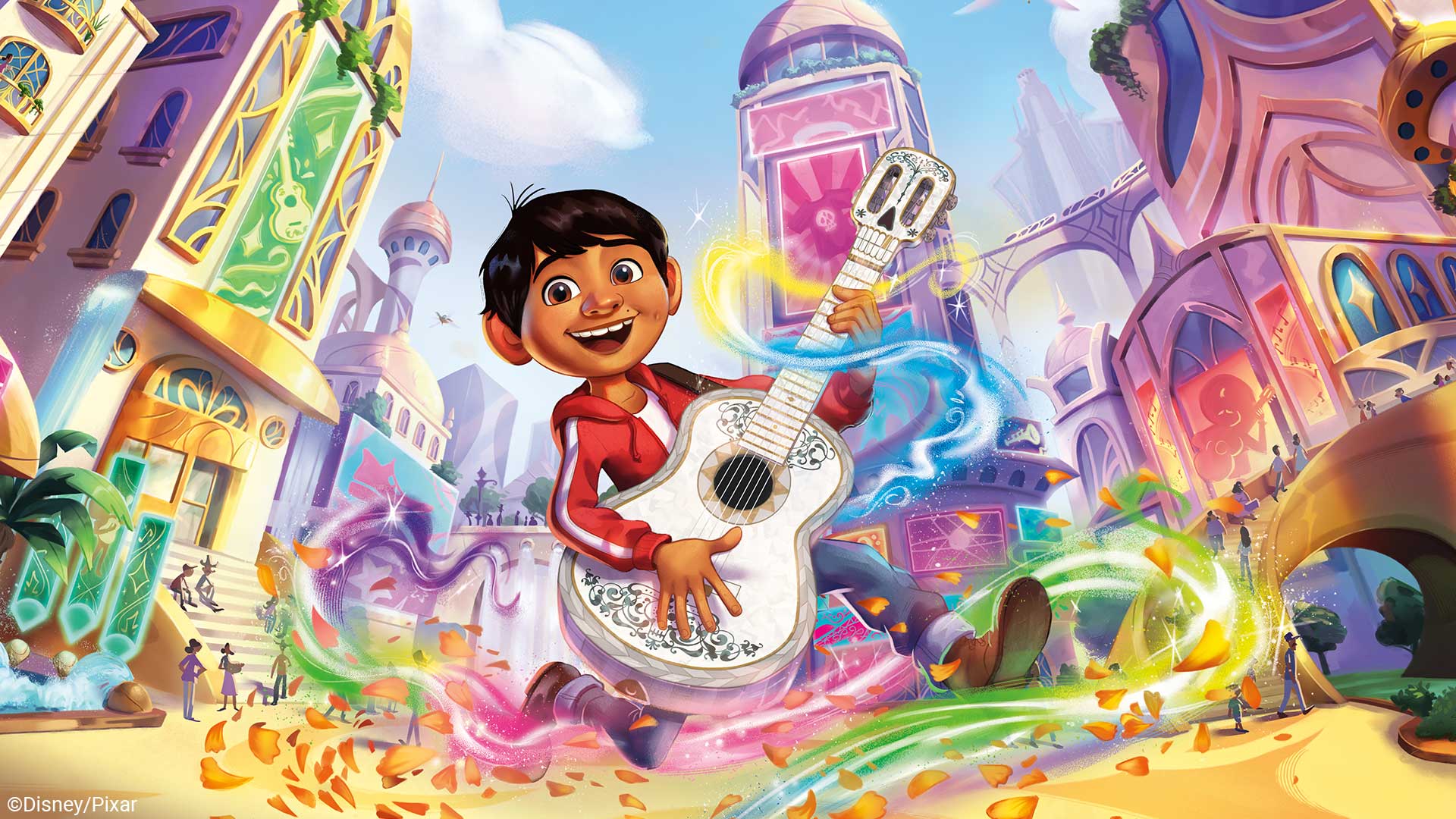 Miguel plays guitar in the colorful streets of Disney Lorcana’s Hyperia City