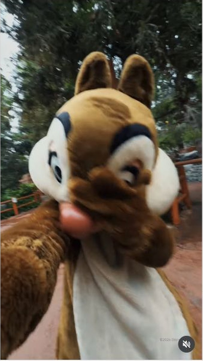 Chip leans toward the camera on a wooded Disneyland walkway