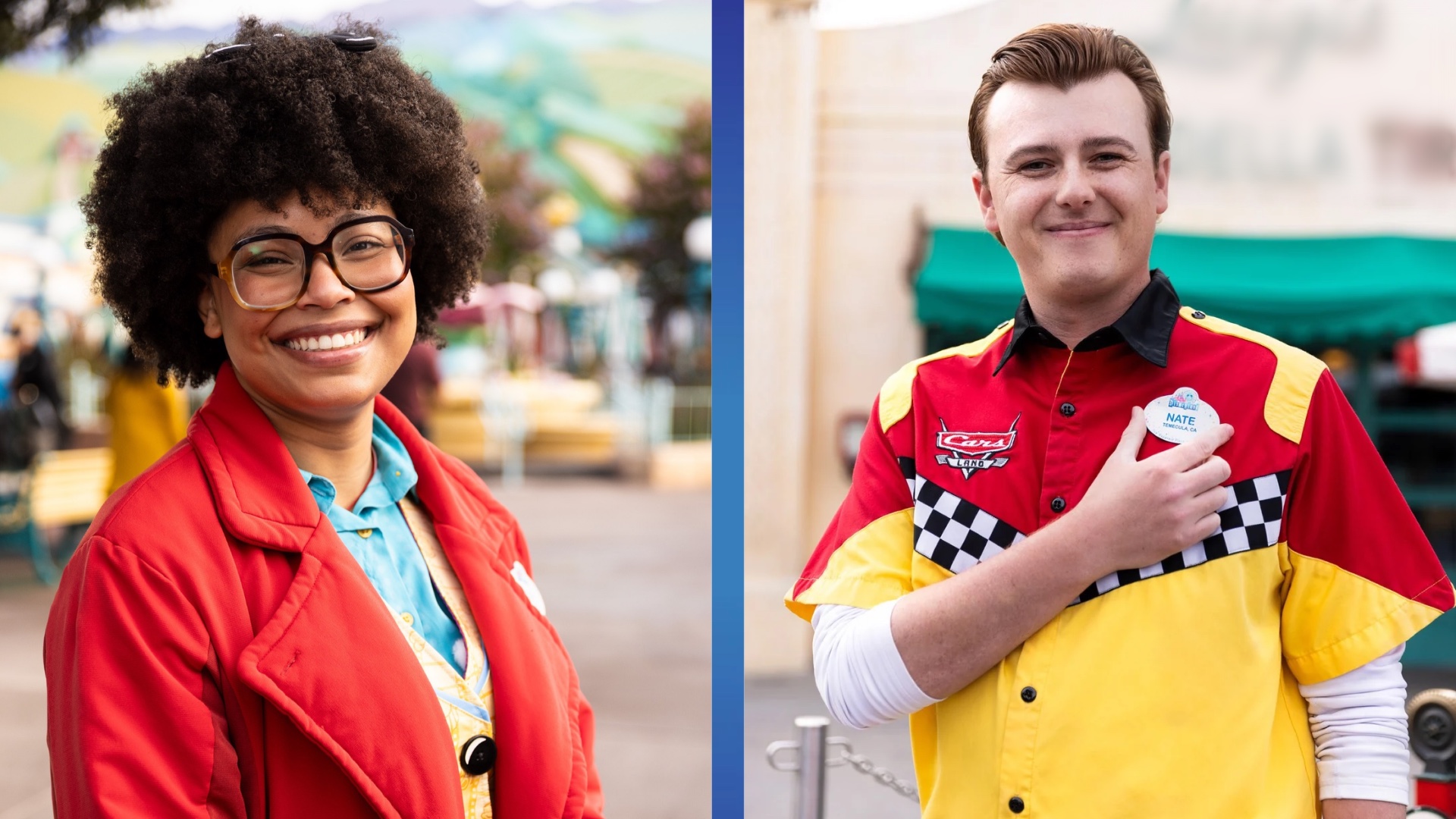Disneyland Resort attractions cast members Riley and Nate in their costumes