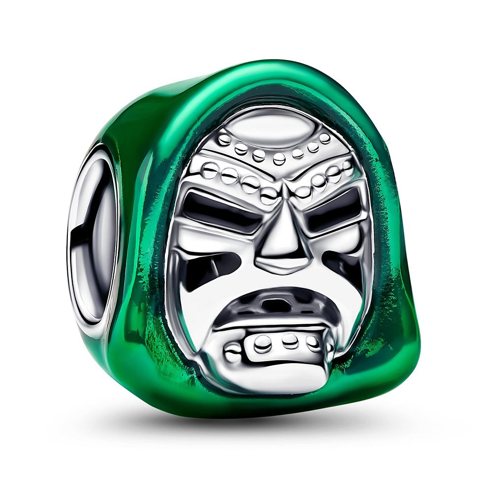 Sterling-silver Doctor Doom mask charm framed by a green enamel hood
