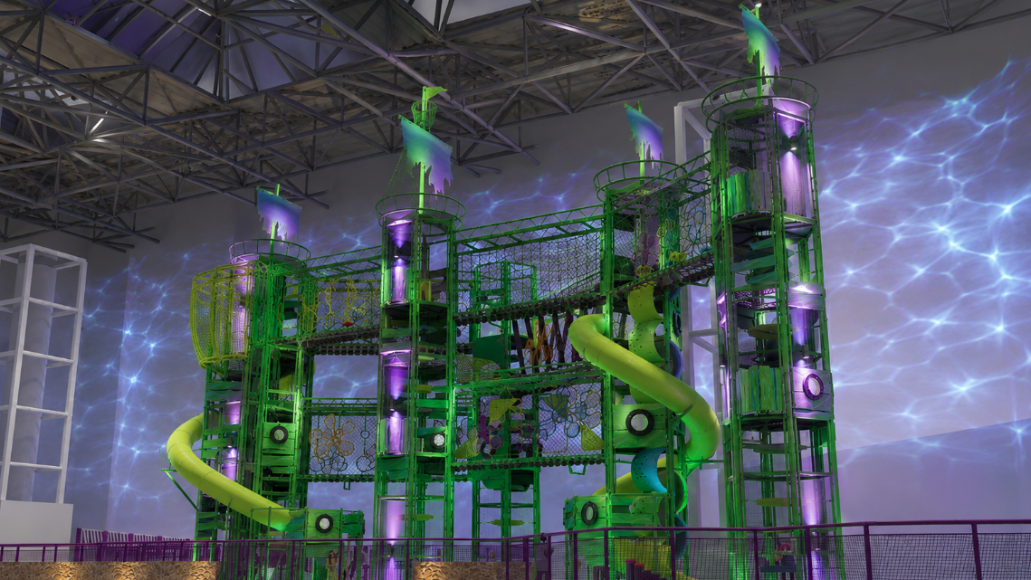 Rendering of Dutchman’s Deck, a green and purple Flying Dutchman-themed play structure at Nickelodeon Universe