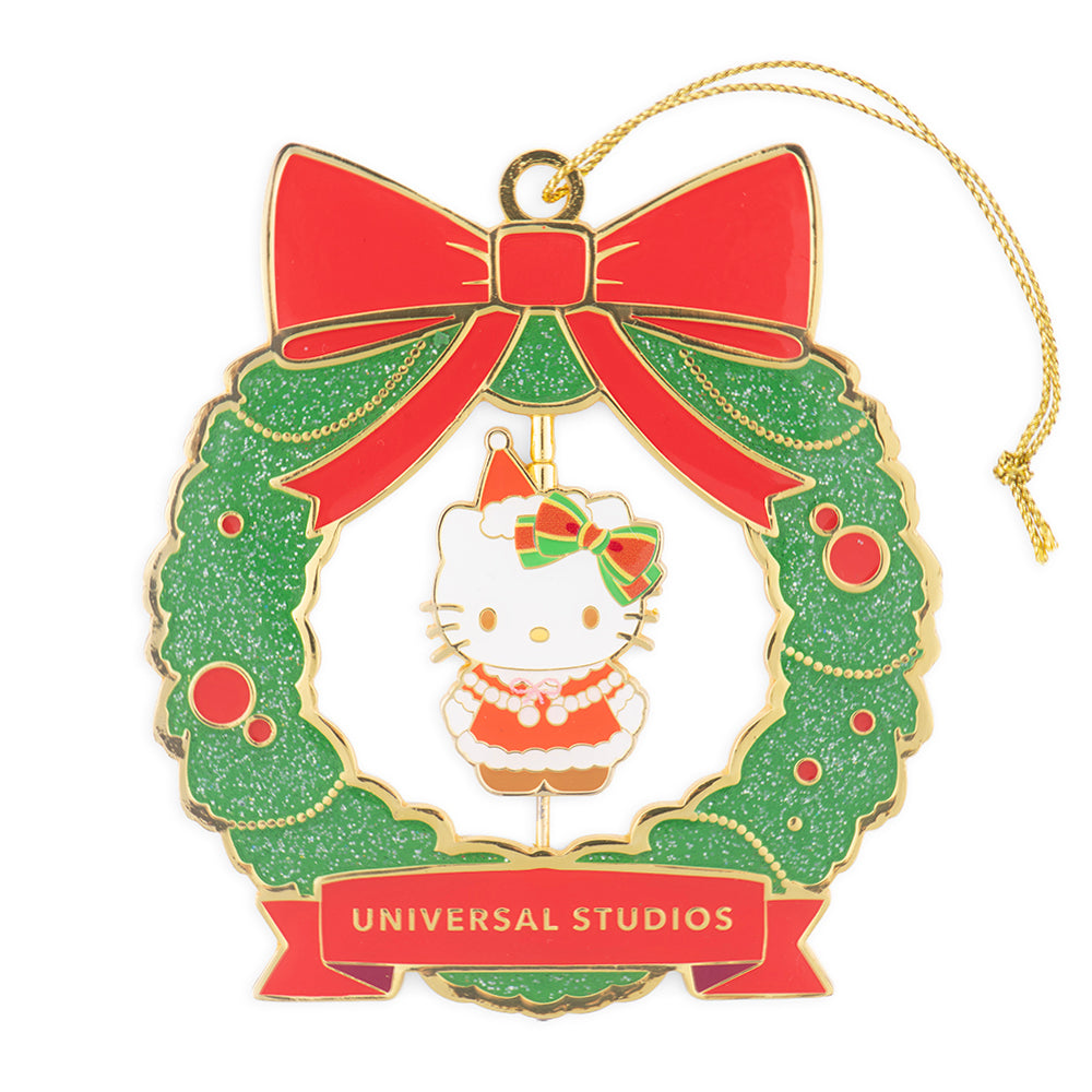 Hello Kitty holiday metal ornament with a green-glitter wreath and red bow