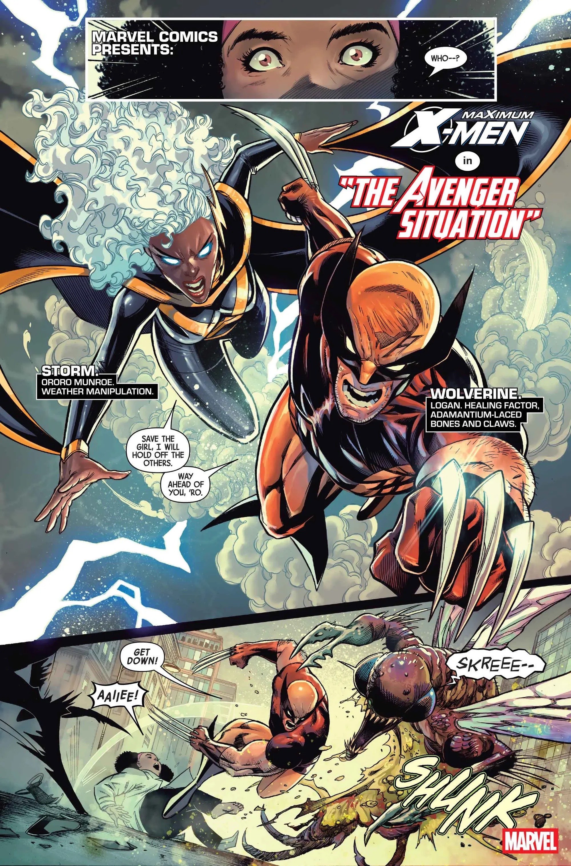 Lettered preview page from Maximum X-Men #1 showing Storm and Wolverine in The Avenger Situation