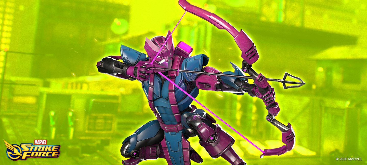 Hawkeye (Robot) draws his bow in official MARVEL Strike Force artwork