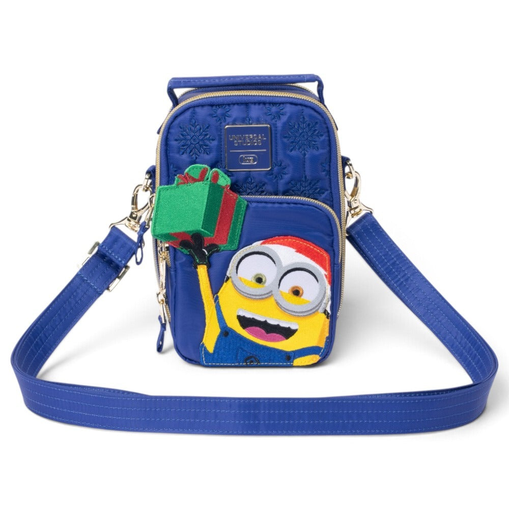 Blue Minions holiday crossbody bag featuring Bob in a Santa hat holding wrapped presents