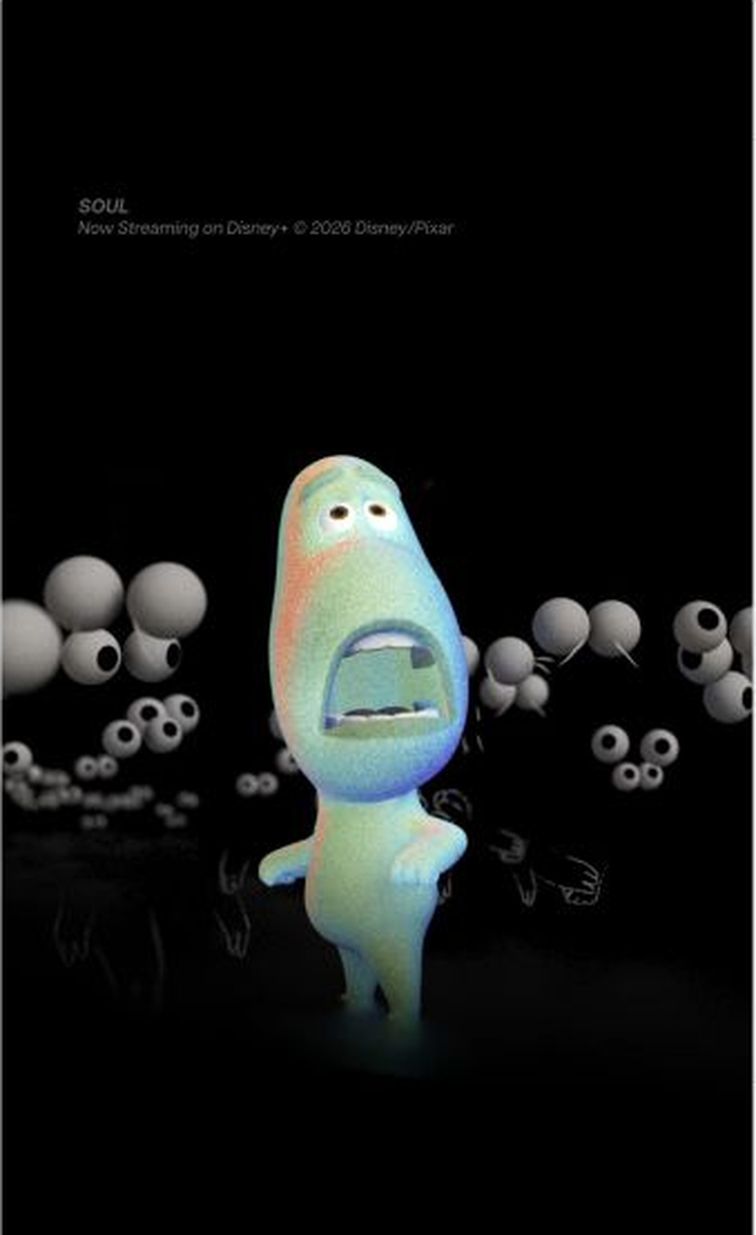 A distorted Soul character surrounded by floating eyeballs in Pixar’s animation-glitch video