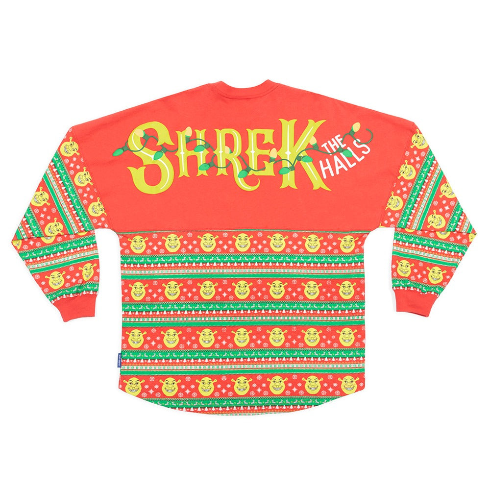 Back of the red Shrek the Halls Spirit Jersey with holiday lights and sweater-inspired Shrek patterns