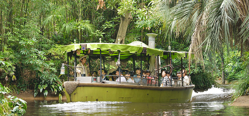 Jungle Cruise boat traveling through lush scenery at Tokyo Disneyland