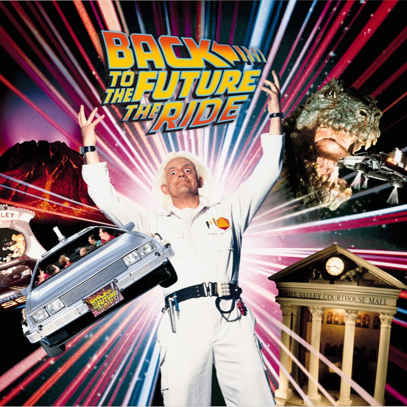 Official Back to the Future: The Ride artwork featuring Doc Brown and the DeLorean