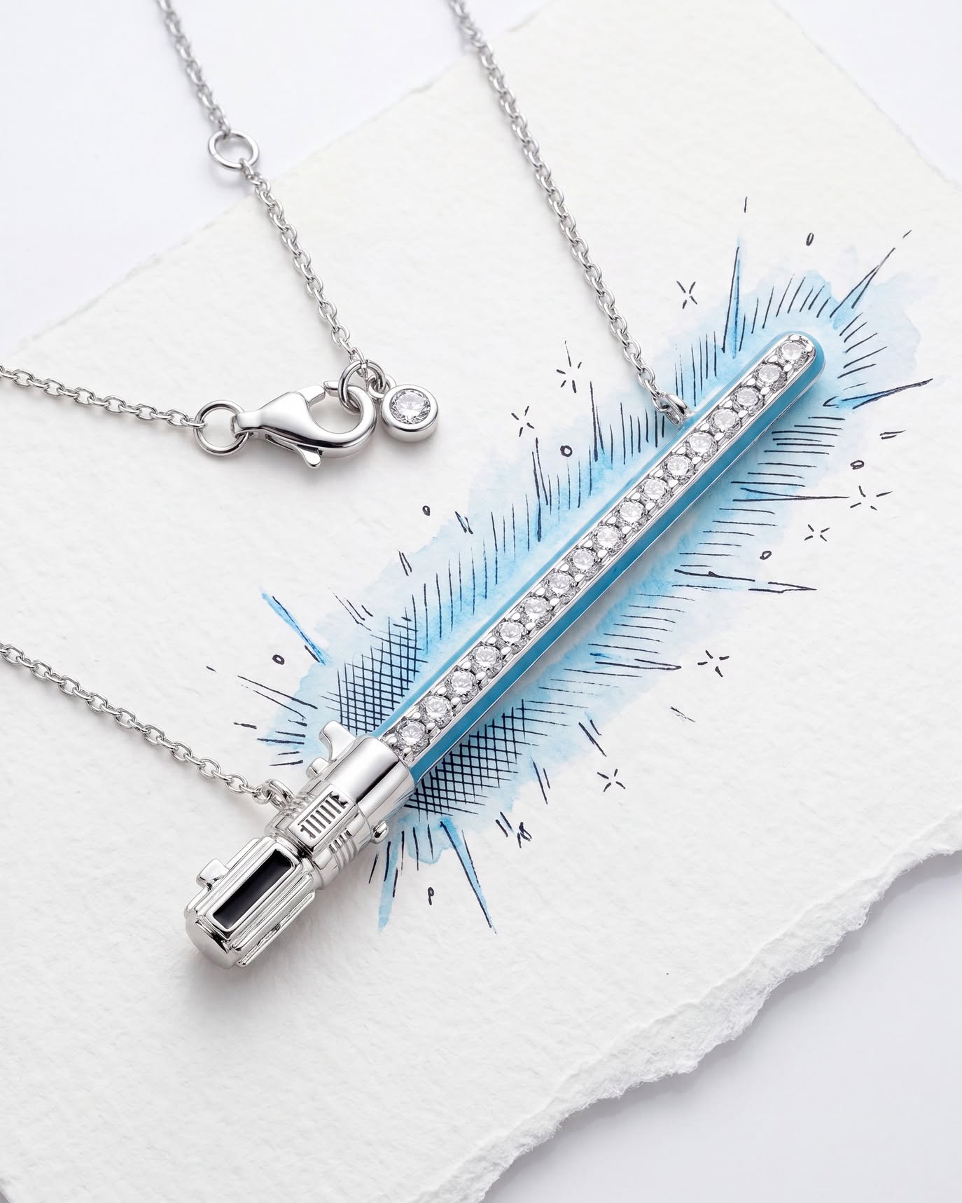CRISLU silver-and-blue saber-shaped necklace on a white background