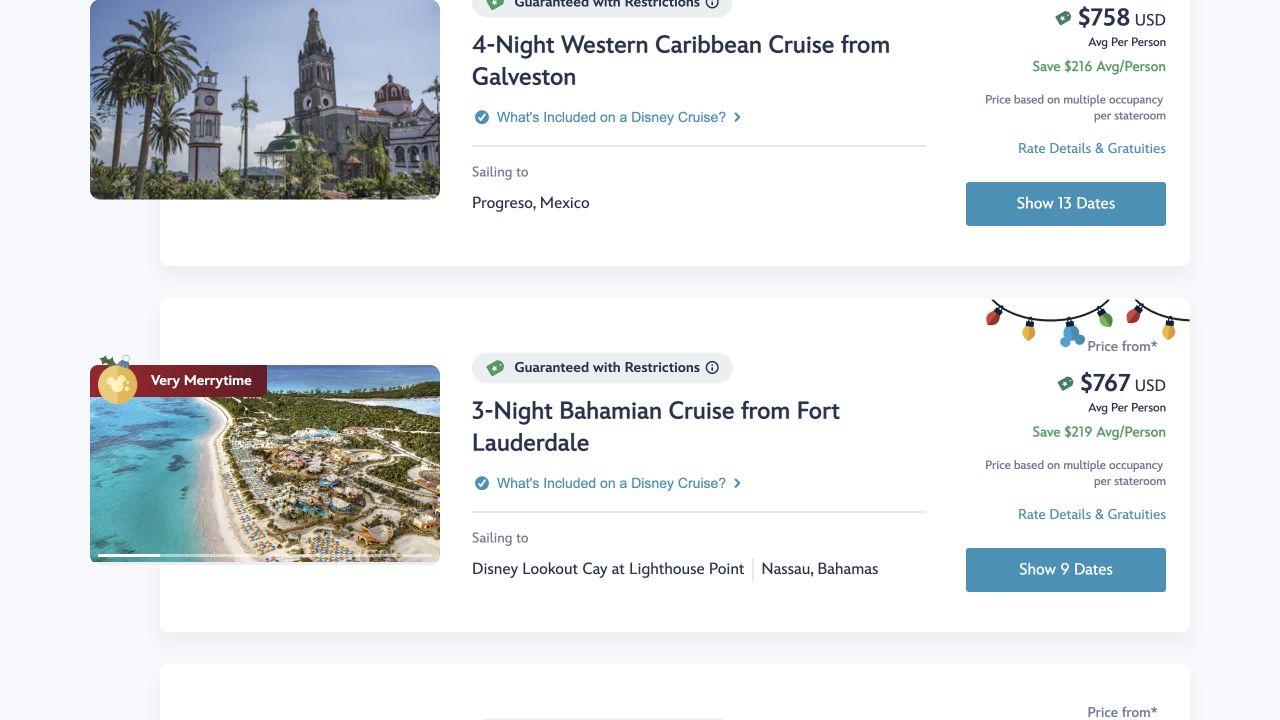 Disney Cruise Line search results showing average-per-person fare and savings labels