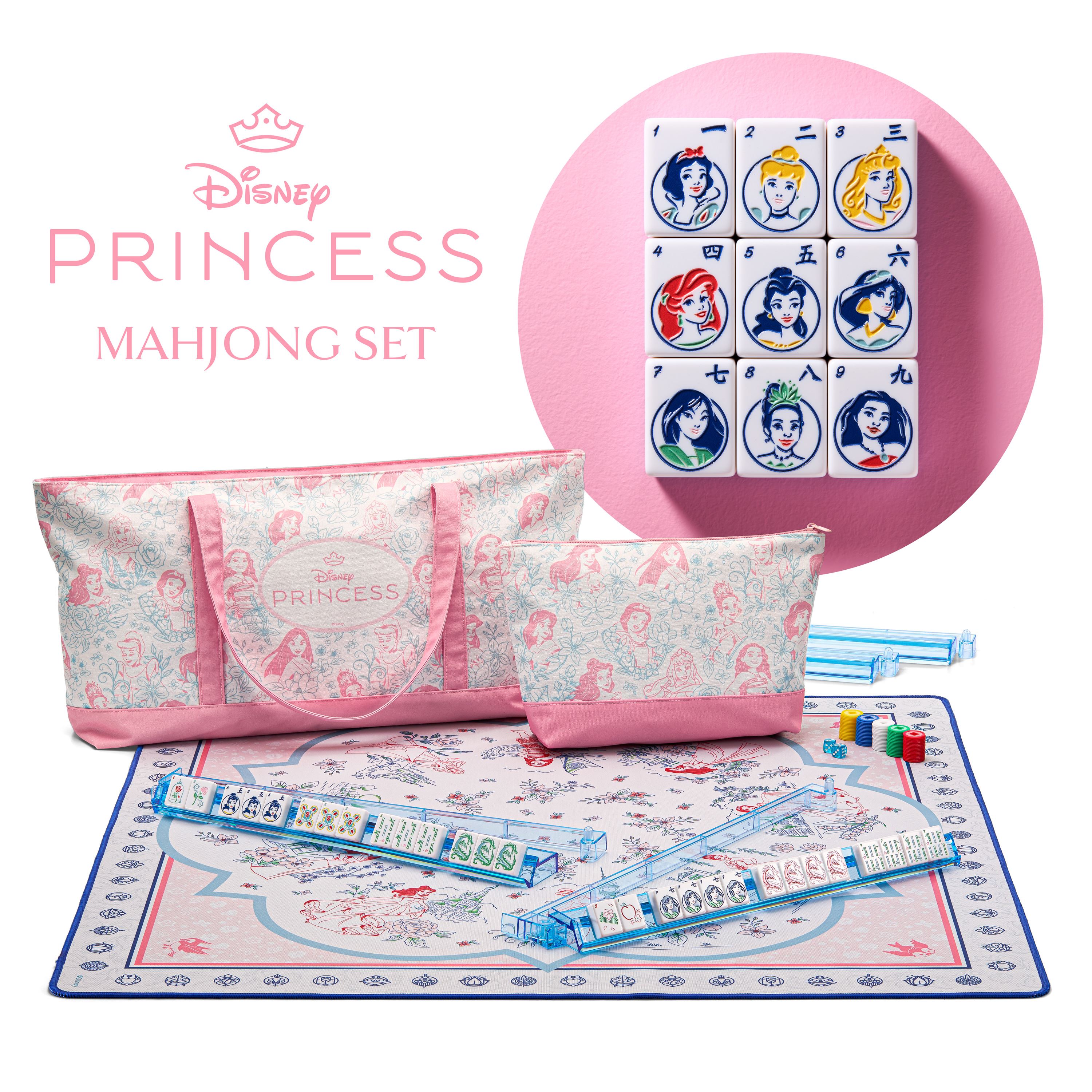 Disney Princess Mahjong Collector’s Set with character tiles, pink carrying case, tote, mat and accessories