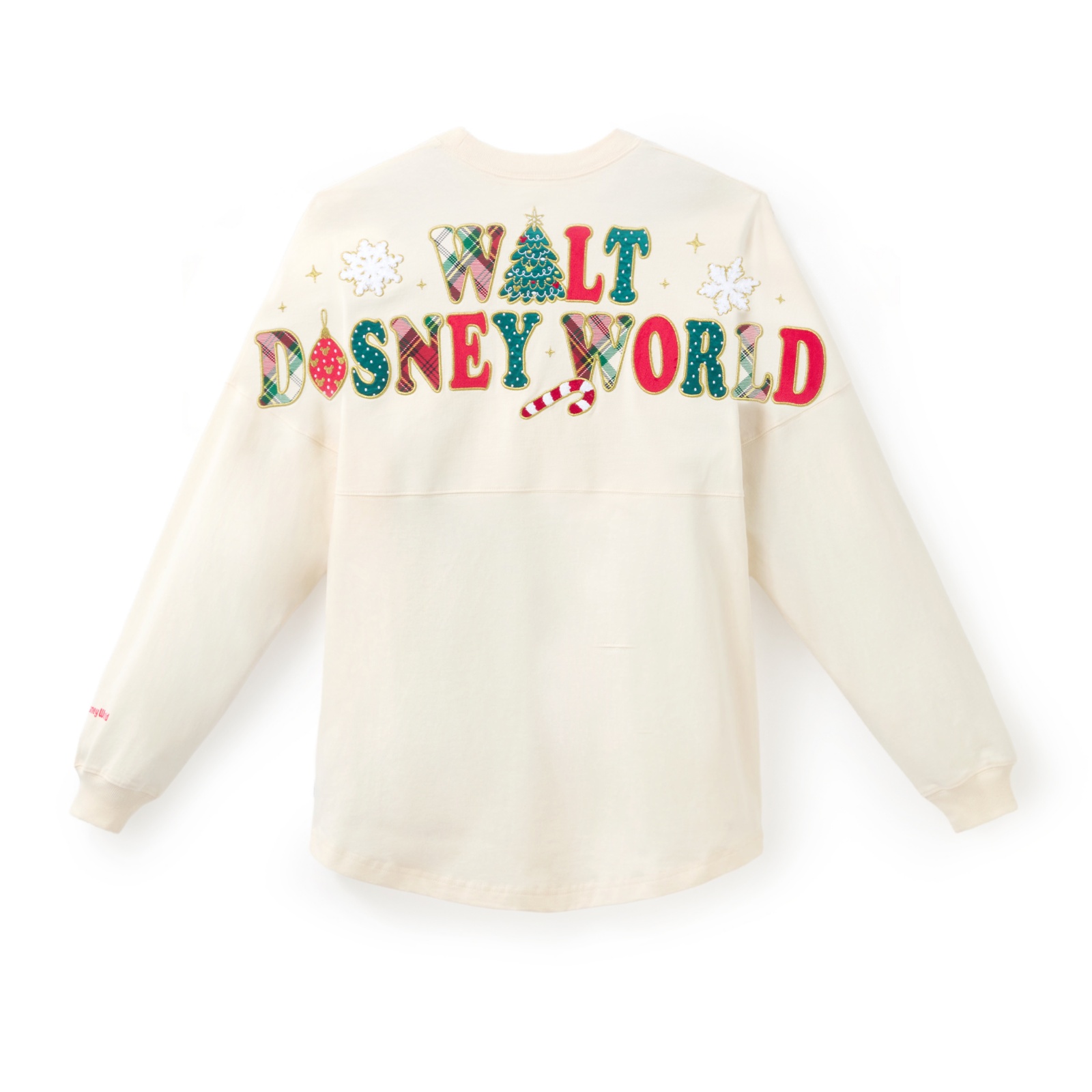 Cream Walt Disney World Christmas Spirit Jersey with colorful plaid and chenille resort lettering across the back