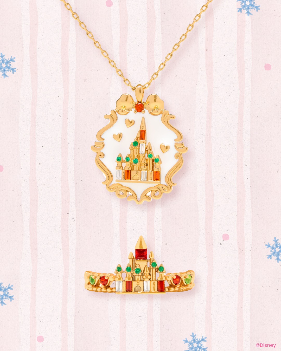 Girls Crew holiday castle pendant and ring on a pink striped background