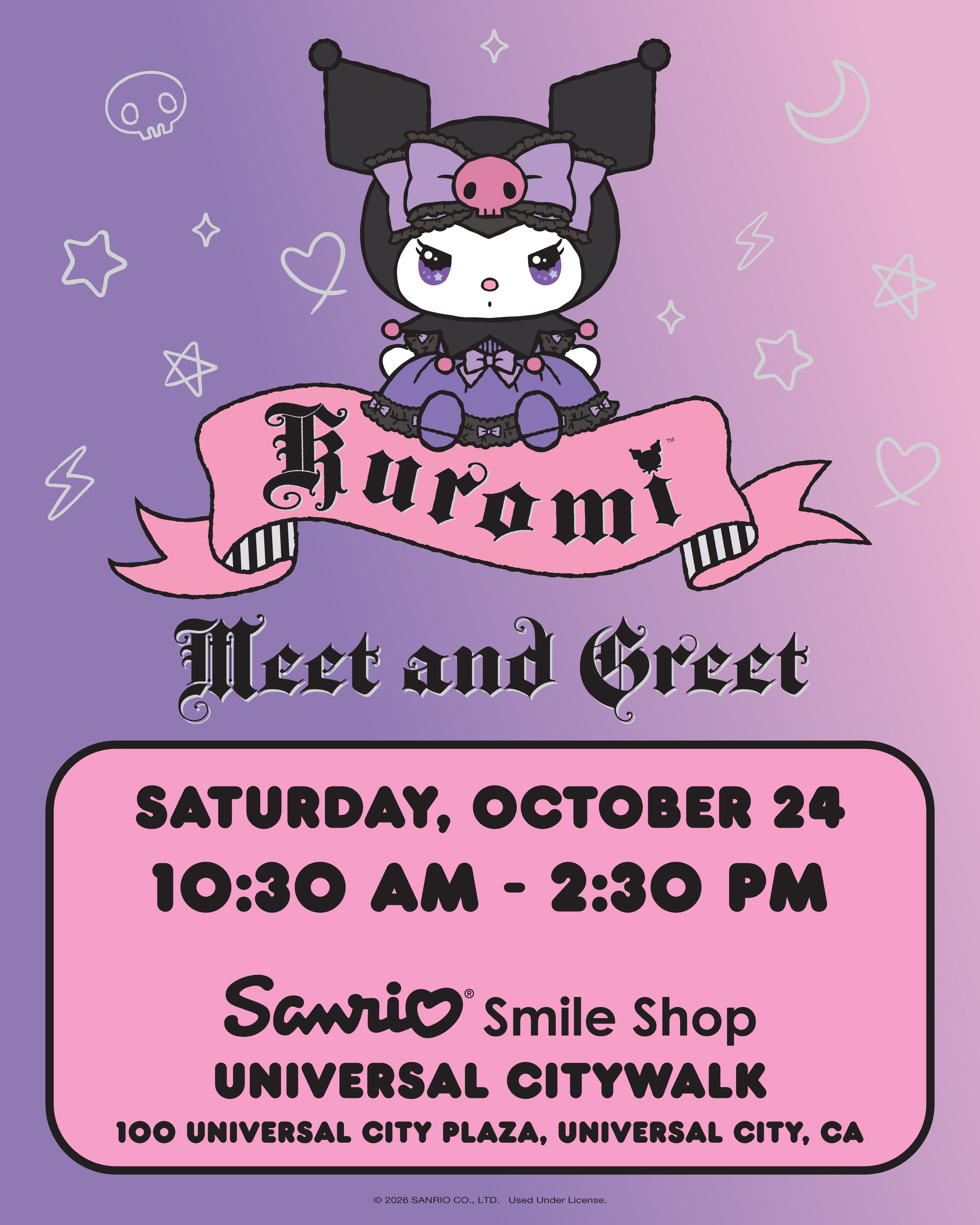 Kuromi meet-and-greet poster for the Sanrio Smile Shop at Universal CityWalk Hollywood