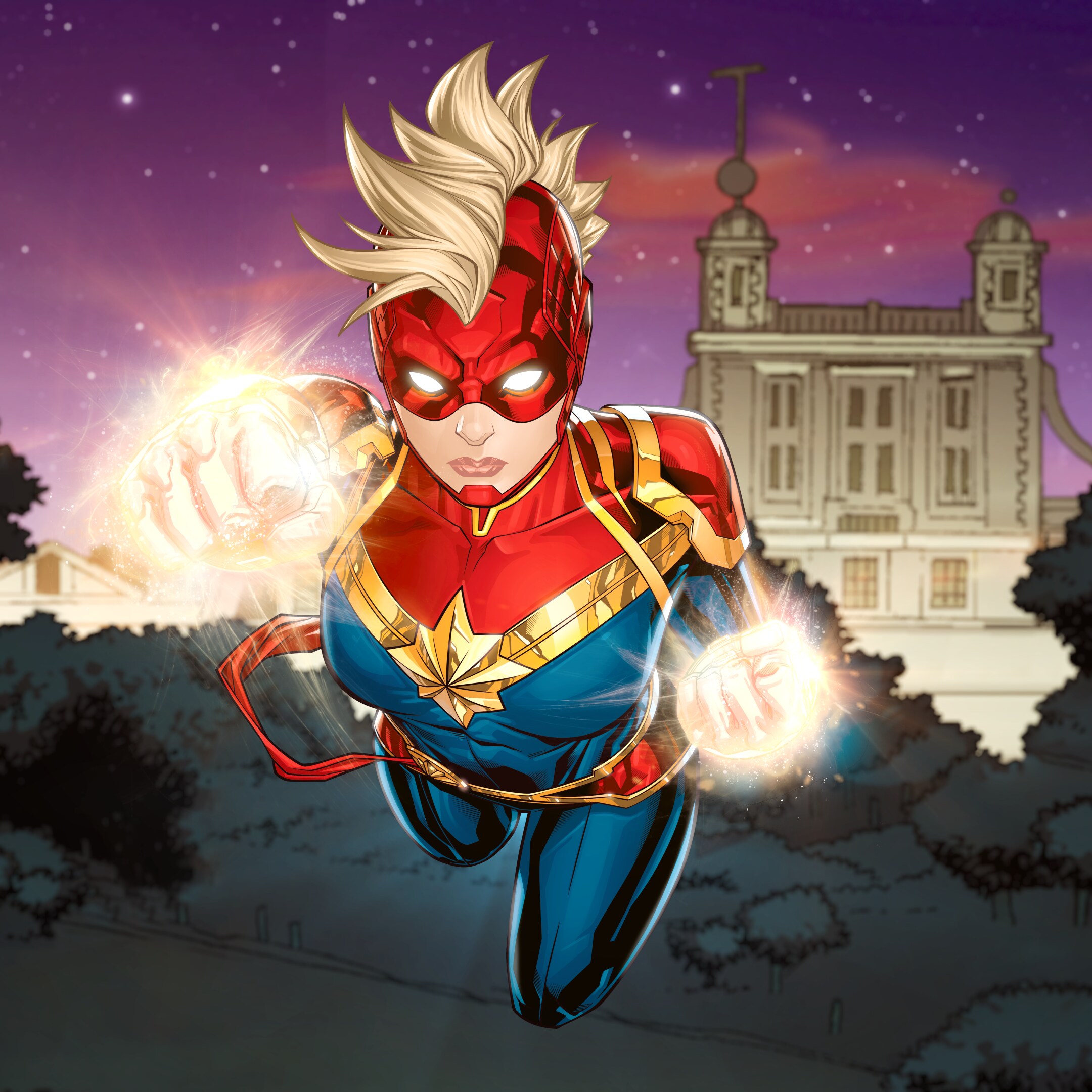 Captain Marvel flies in front of the Royal Observatory Greenwich in official Astro Assemble artwork