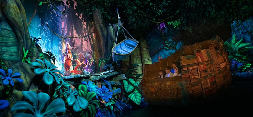 Guests ride through the Never Land scene in Peter Pan’s Never Land Adventure at Tokyo DisneySea