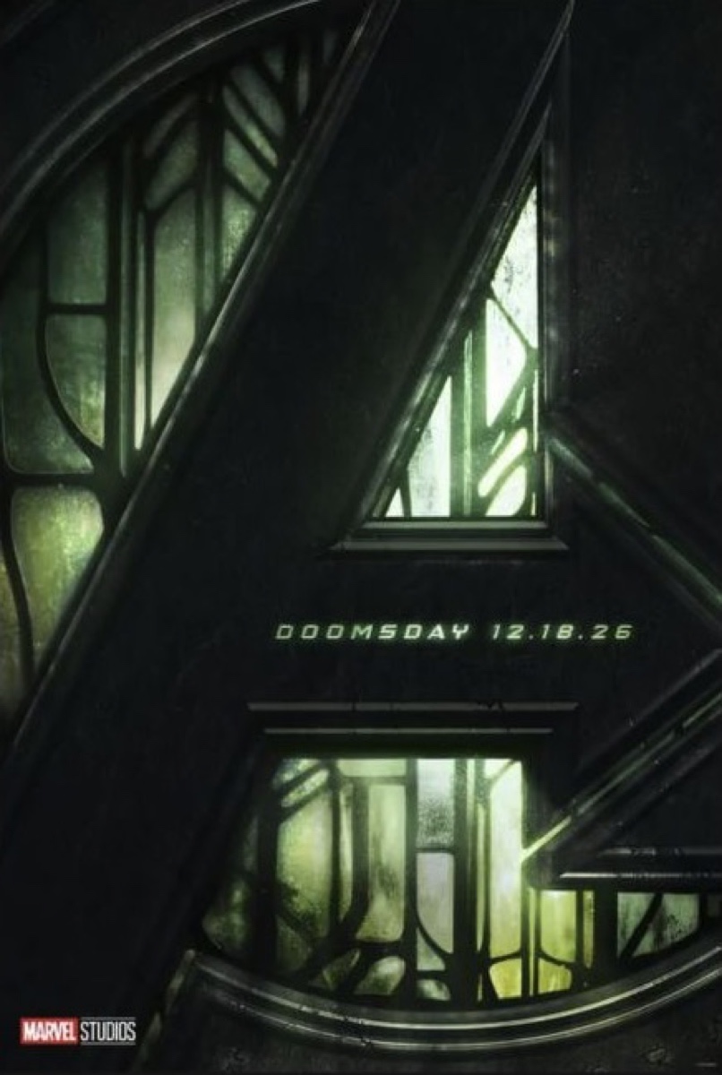 Official Avengers: Doomsday poster with a dark metallic Avengers symbol and green light
