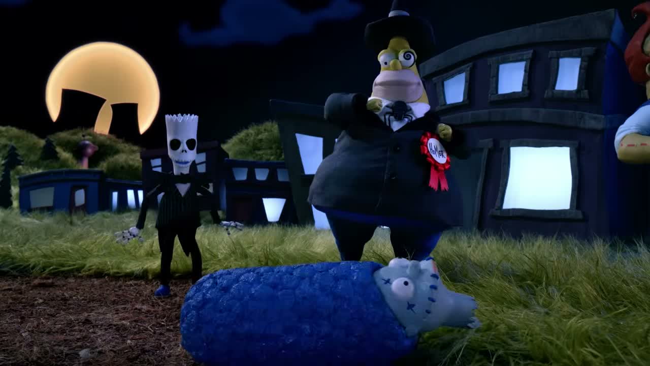 Stop-motion Bart and Homer dressed as The Nightmare Before Christmas characters in Springfield