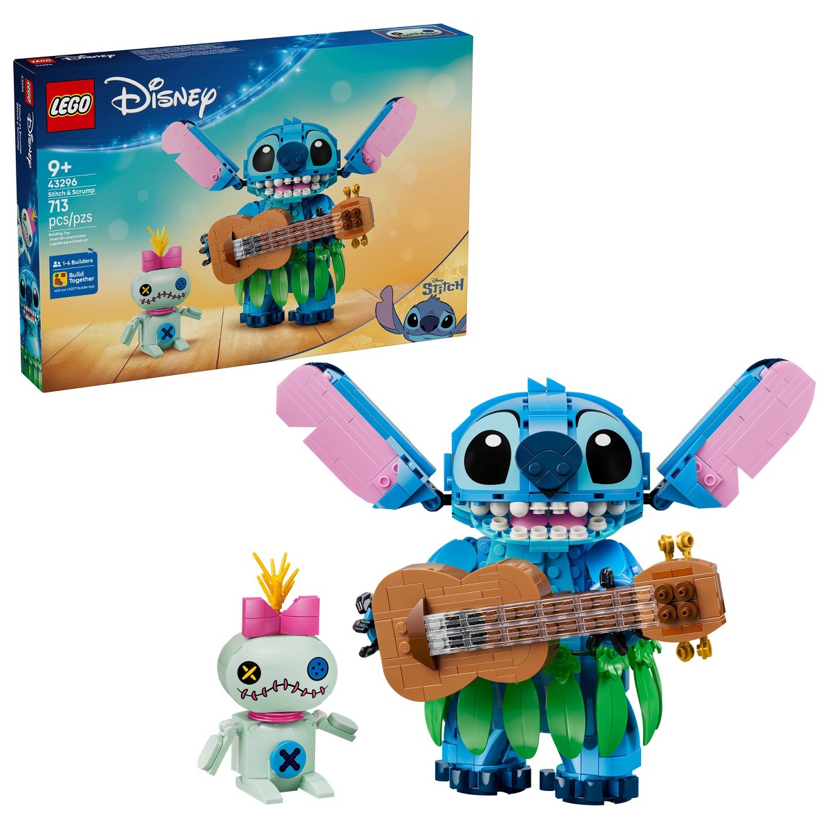 LEGO Disney Stitch and Scrump set 43296 with the retail box, Stitch, Scrump, ukulele and grass skirt