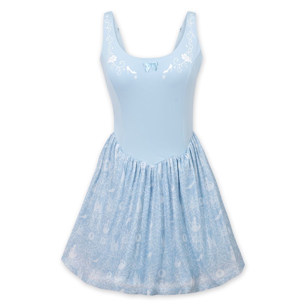 Light blue Cinderella athletic dress with a printed skirt and white filigree