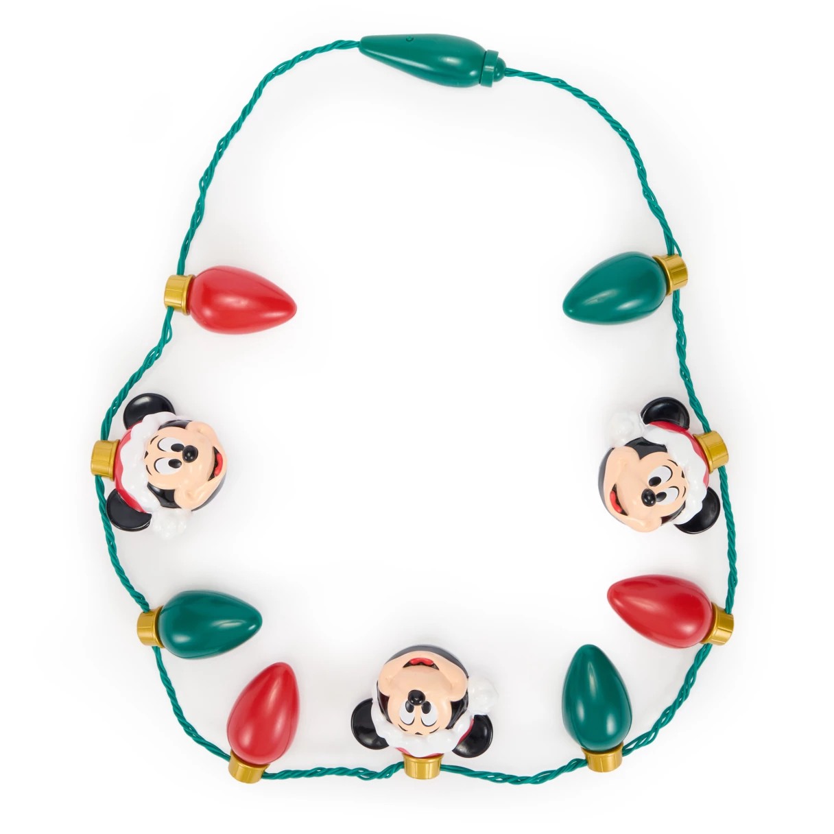 Santa Mickey holiday light-up necklace with oversized red and green bulbs on a green cord