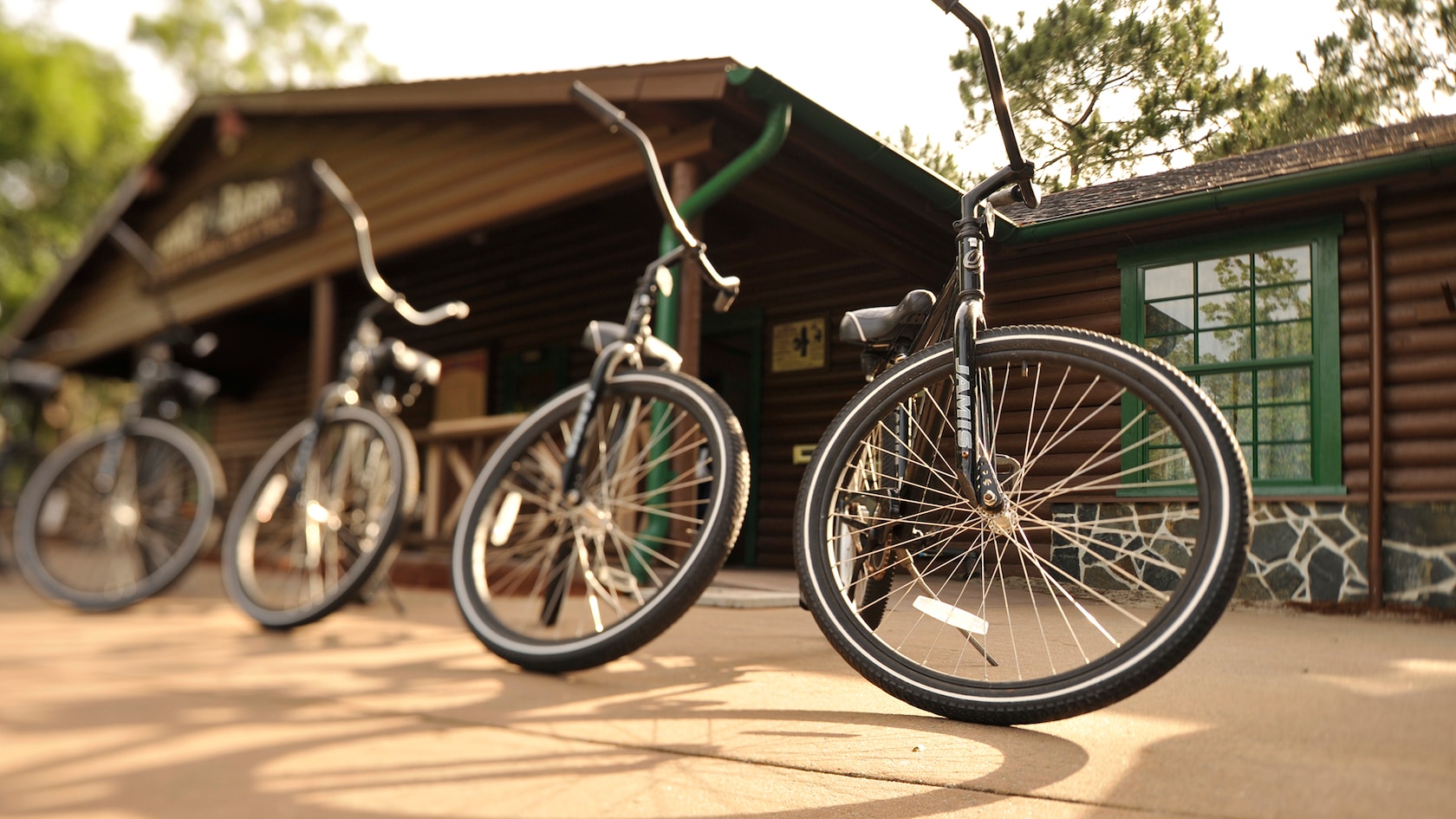 Rental bicycles lined up outside a recreation building at Walt Disney World