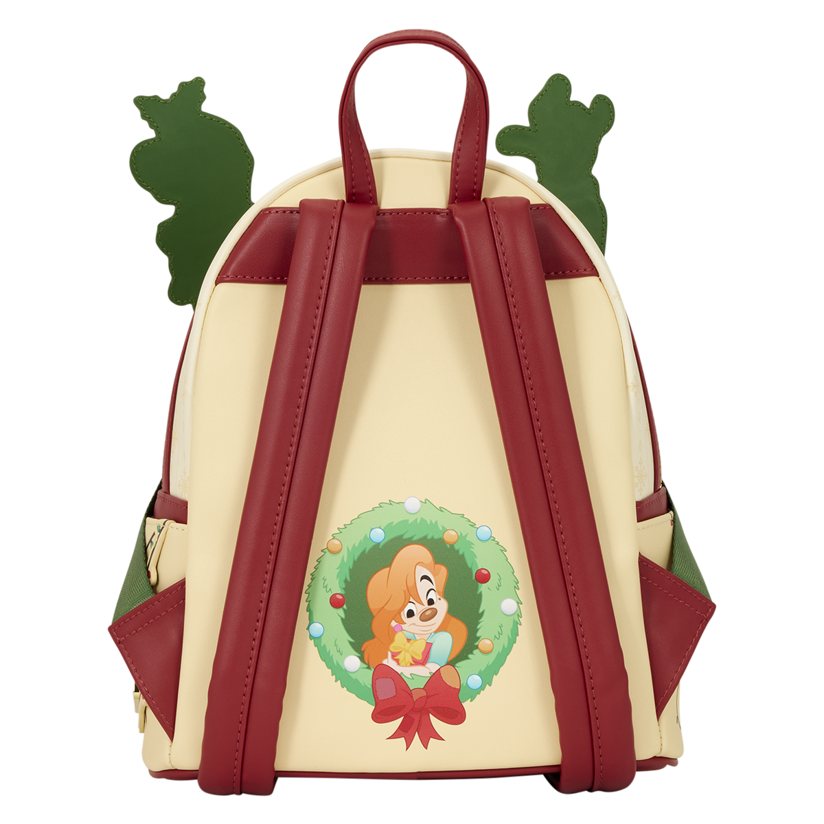 Back of the Goofy and Max holiday Loungefly backpack with a character inside a wreath