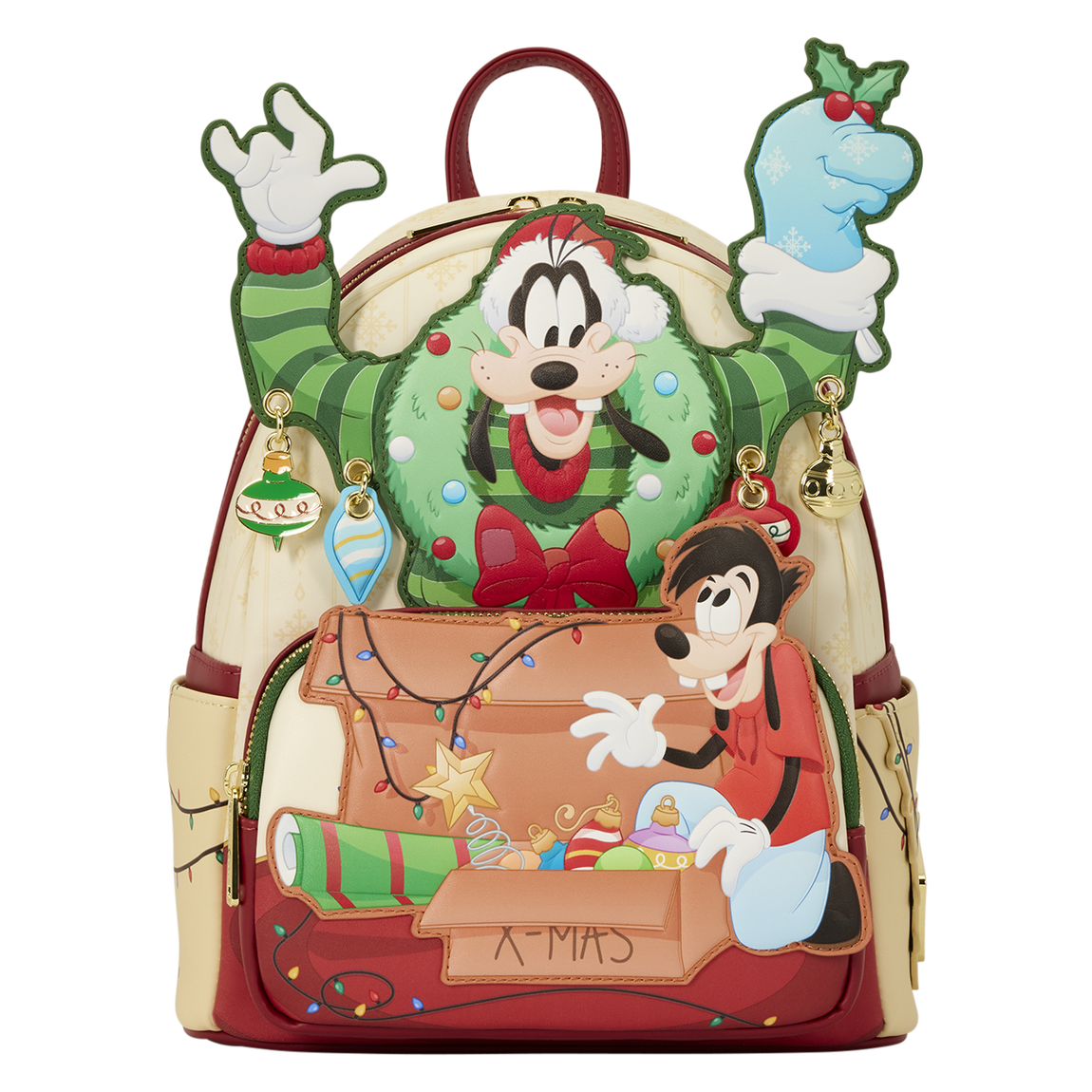 A Goofy Movie Loungefly mini backpack with Goofy and Max decorating for the holidays