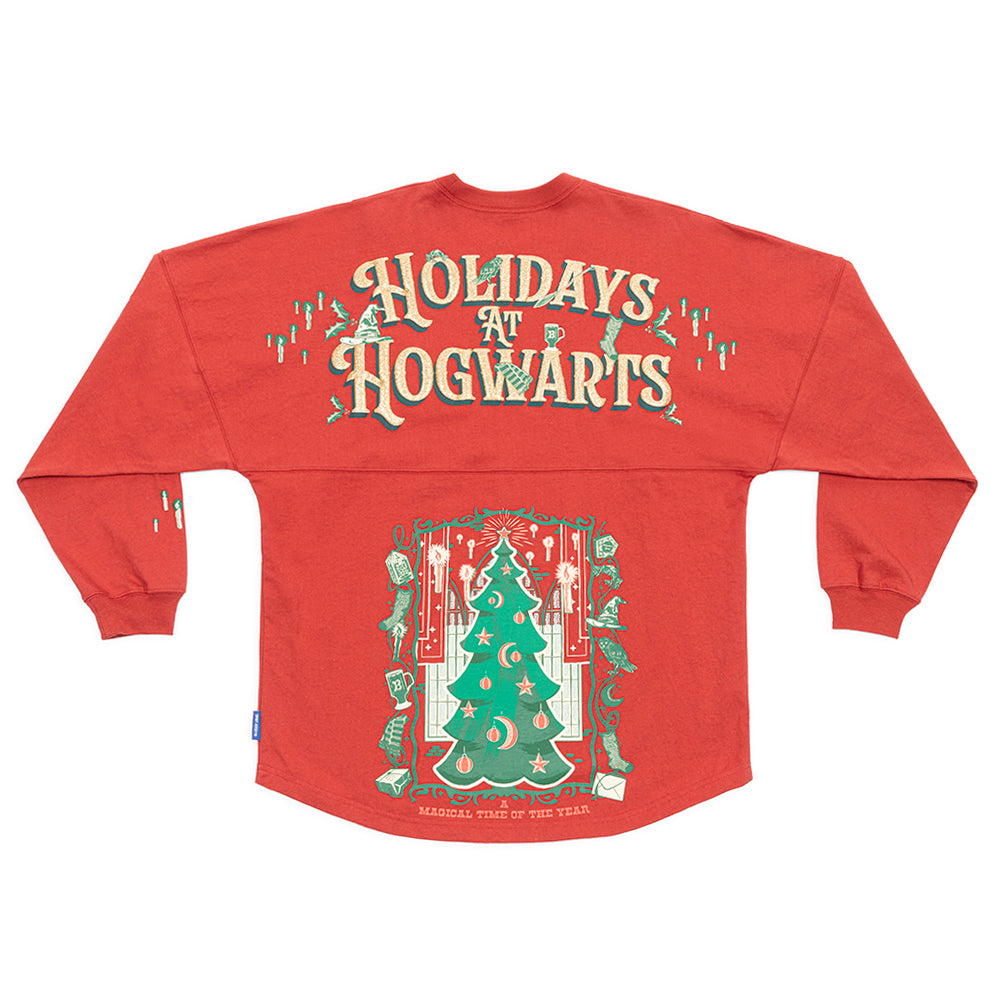 Back of the red Holidays at Hogwarts Spirit Jersey with shimmering lettering and a Christmas tree design