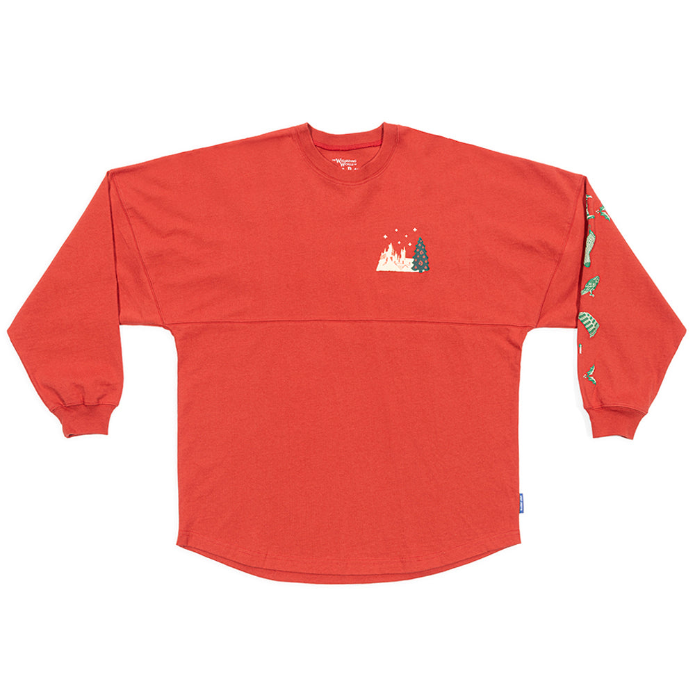 Front of the red Holidays at Hogwarts Spirit Jersey with a Hogwarts castle and Christmas tree chest graphic