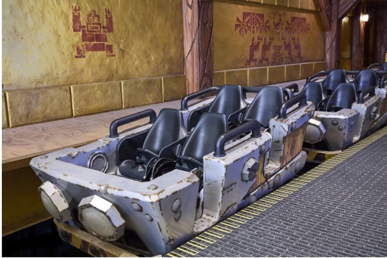 Mine Cart Madness ride vehicles inside the Golden Temple at Universal Studios Japan