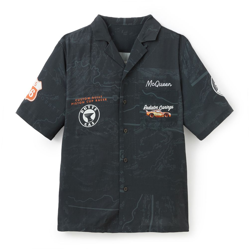 Black Lightning McQueen button-down shirt with racing logos and a road-map print