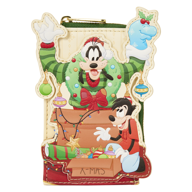 Goofy and Max decorating for Christmas on a Loungefly card holder